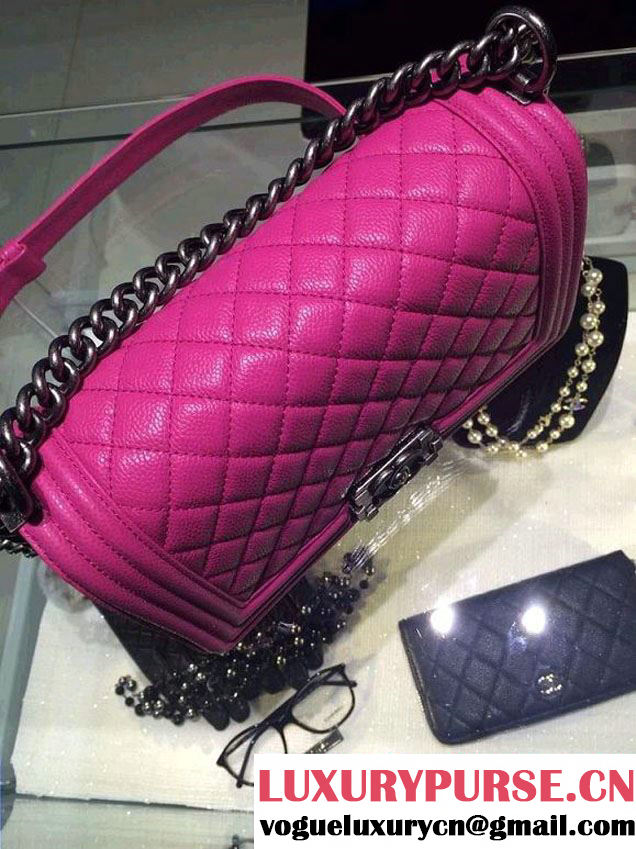 Chanel Medium Boy Flap Shoulder Bag A67086 in Caviar Leather Fushia with SIlver Hardware