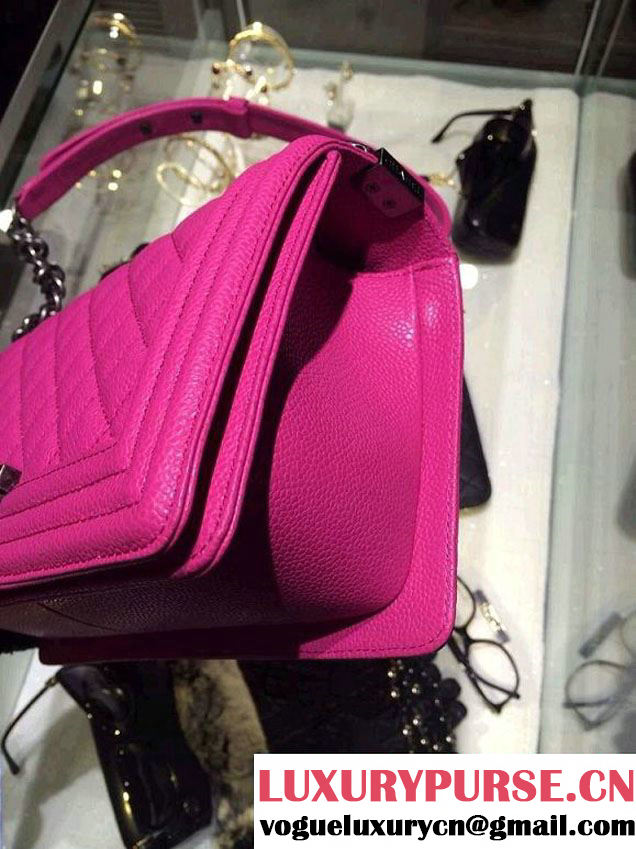 Chanel Medium Boy Flap Shoulder Bag A67086 in Caviar Leather Fushia with SIlver Hardware