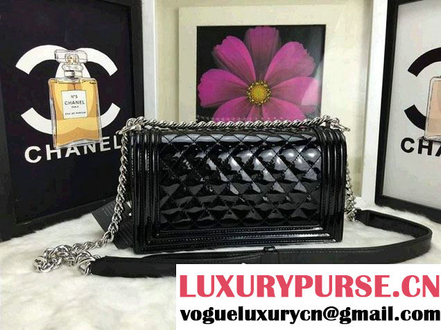 Chanel Patent Calfskin Leather Boy Flap Shoulder Bag A92693 Black Embellished with Plexiglass and Metal Clasp 2015