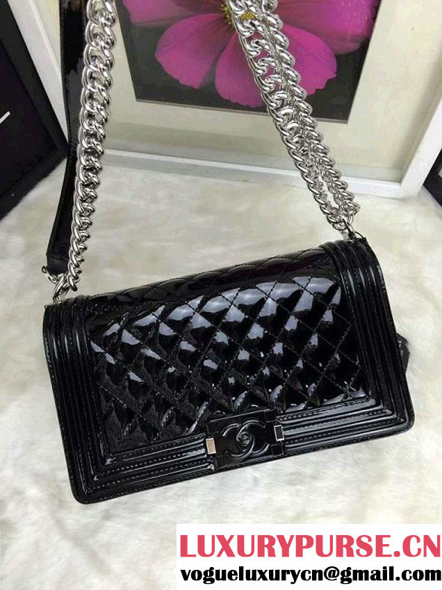 Chanel Patent Calfskin Leather Boy Flap Shoulder Bag A92693 Black Embellished with Plexiglass and Metal Clasp 2015