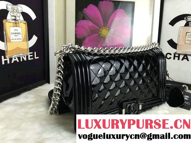 Chanel Patent Calfskin Leather Boy Flap Shoulder Bag A92693 Black Embellished with Plexiglass and Metal Clasp 2015
