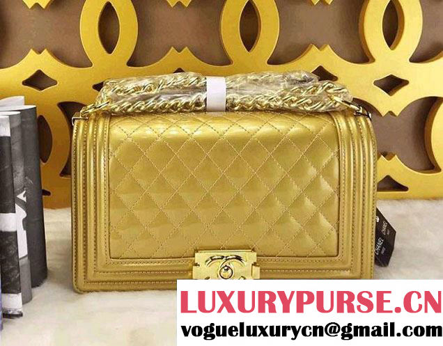 Chanel Medium Patent Boy Bag Gold With Golden Hardware Spring 2015