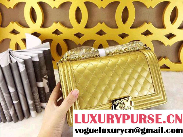 Chanel Medium Patent Boy Bag Gold With Golden Hardware Spring 2015