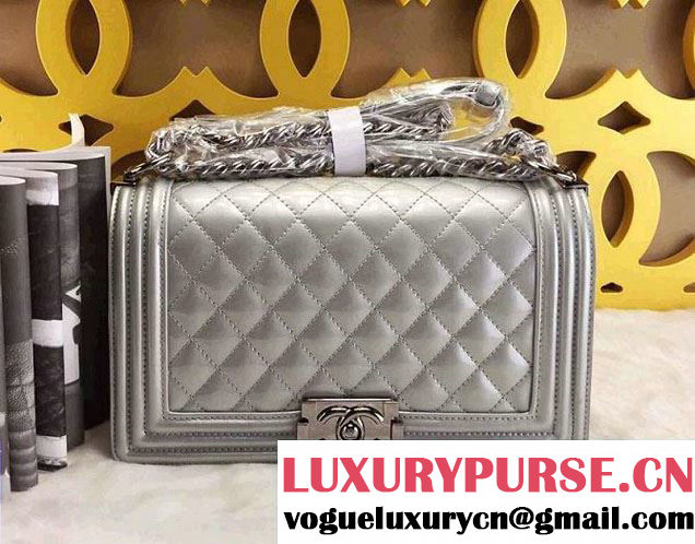 Chanel Medium Patent Boy Bag Silver With Silver Hardware Spring 2015