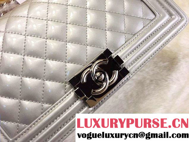 Chanel Medium Patent Boy Bag Silver With Silver Hardware Spring 2015