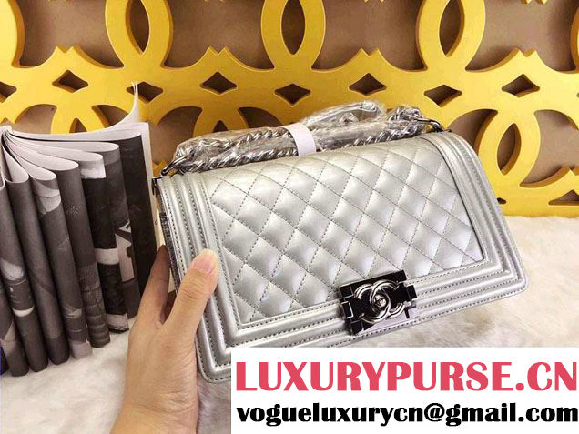 Chanel Medium Patent Boy Bag Silver With Silver Hardware Spring 2015