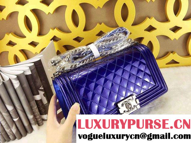 Chanel Medium Patent Boy Bag Blue With Silver Hardware Spring 2015