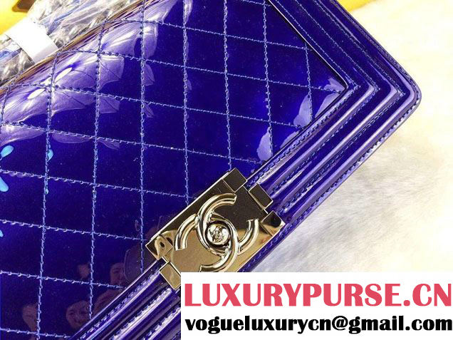 Chanel Medium Patent Boy Bag Blue With Silver Hardware Spring 2015