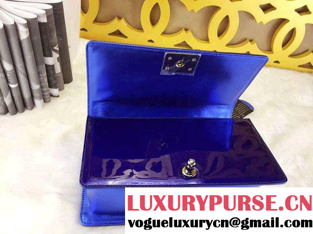 Chanel Medium Patent Boy Bag Blue With Silver Hardware Spring 2015