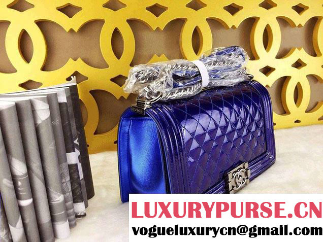 Chanel Medium Patent Boy Bag Blue With Silver Hardware Spring 2015