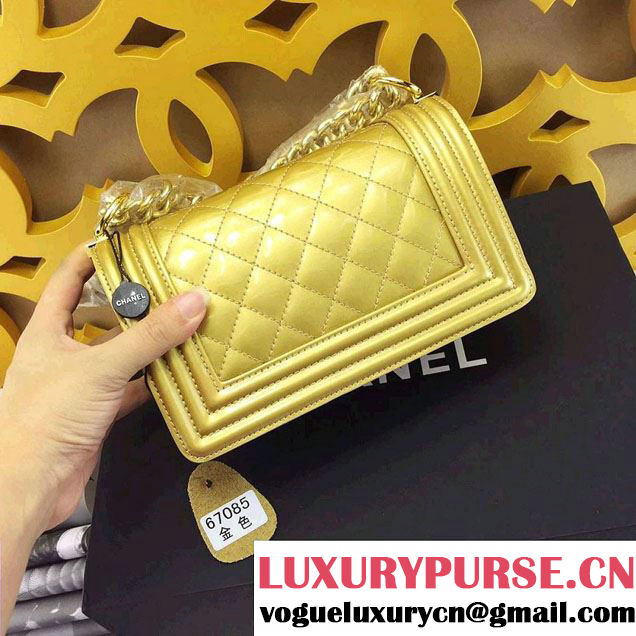 Chanel Small Patent Boy Bag Gold With Golden Hardware Spring 2015