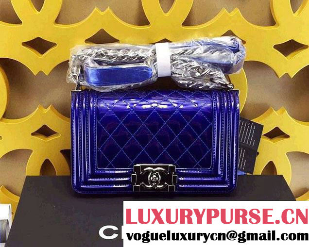 Chanel Small Patent Boy Bag Blue With Silver Hardware Spring 2015