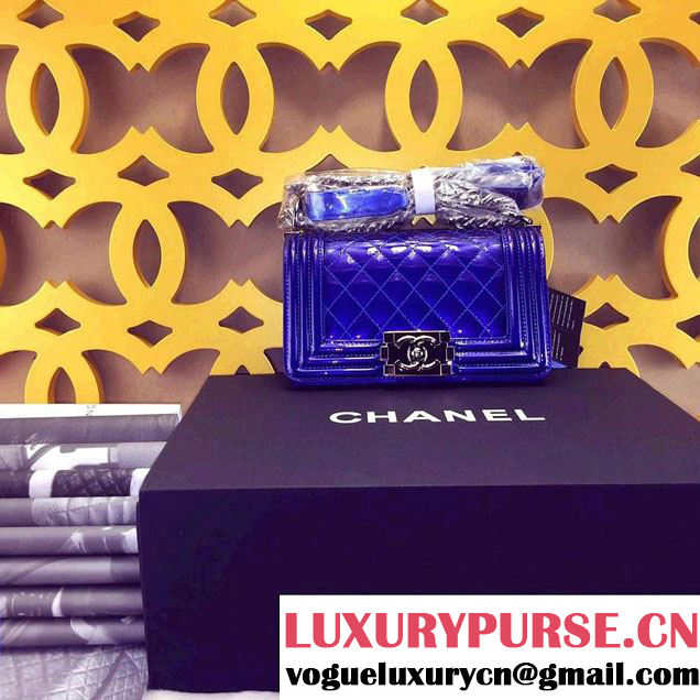 Chanel Small Patent Boy Bag Blue With Silver Hardware Spring 2015