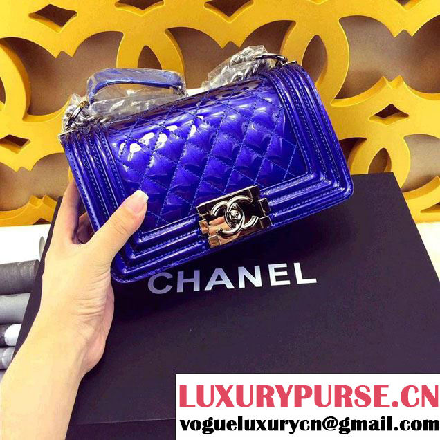 Chanel Small Patent Boy Bag Blue With Silver Hardware Spring 2015