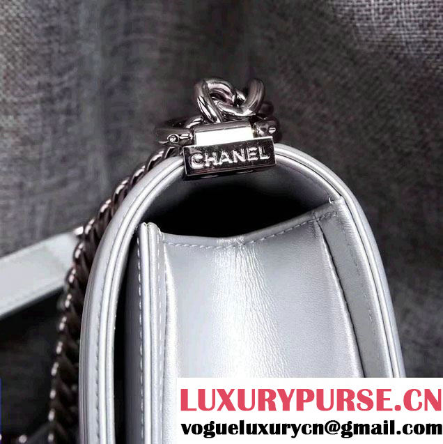 Chanel Small Patent Boy Bag Silver With Silver Hardware Spring 2015