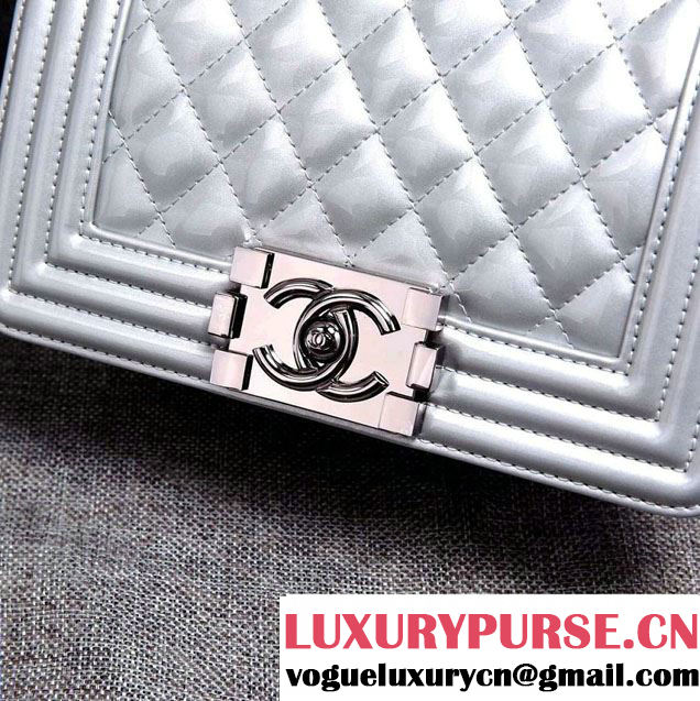 Chanel Small Patent Boy Bag Silver With Silver Hardware Spring 2015