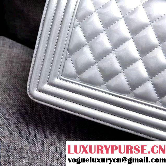 Chanel Small Patent Boy Bag Silver With Silver Hardware Spring 2015