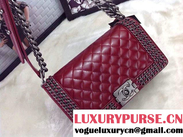 Chanel Boy Flap Bag Date Red A92871 Embellished With Interlaced Chain 2015