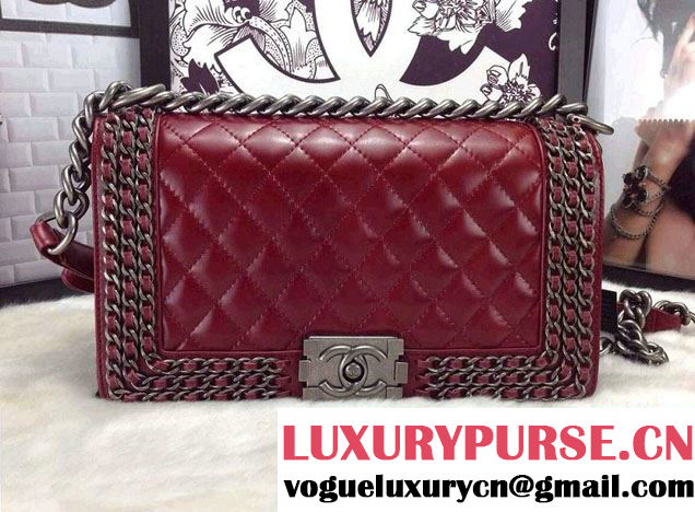 Chanel Boy Flap Bag Date Red A92871 Embellished With Interlaced Chain 2015