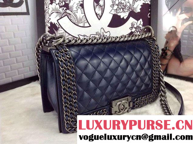 Chanel Boy Flap Bag Royal Blue A92871 Embellished With Interlaced Chain 2015