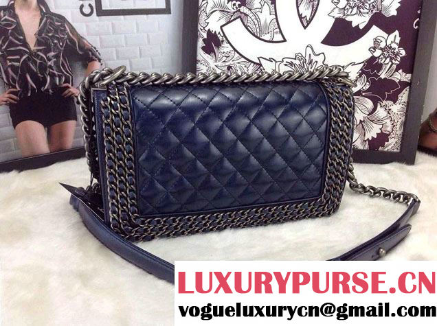 Chanel Boy Flap Bag Royal Blue A92871 Embellished With Interlaced Chain 2015