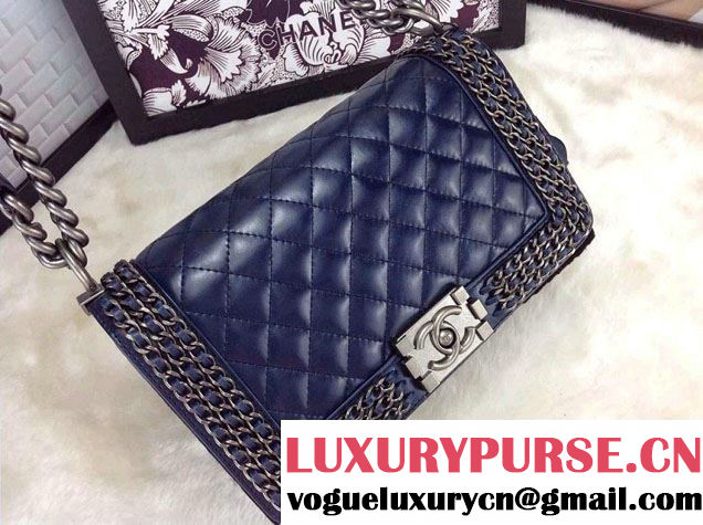 Chanel Boy Flap Bag Royal Blue A92871 Embellished With Interlaced Chain 2015