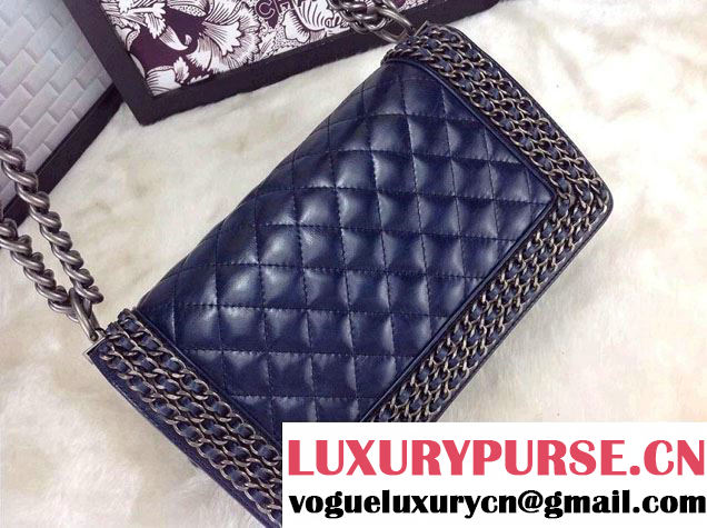 Chanel Boy Flap Bag Royal Blue A92871 Embellished With Interlaced Chain 2015