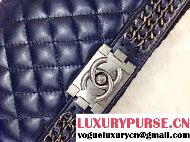 Chanel Boy Flap Bag Royal Blue A92871 Embellished With Interlaced Chain 2015