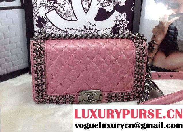 Chanel Boy Flap Bag Pink A92871 Embellished With Interlaced Chain 2015