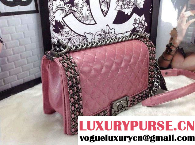 Chanel Boy Flap Bag Pink A92871 Embellished With Interlaced Chain 2015