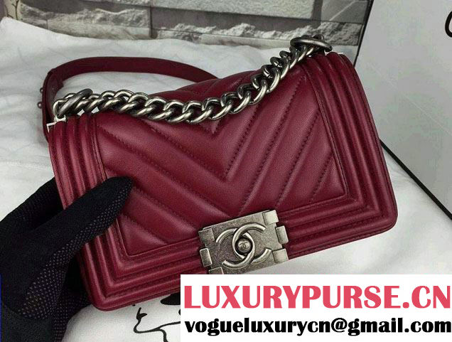 Chanel Calfskin Chevron Quilting Boy Flap Bag A92859 Burgundy 2015