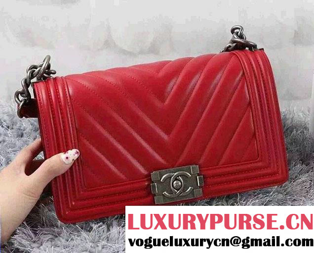 Chanel Calfskin Chevron Quilting Boy Flap Bag A92859 Red 2015