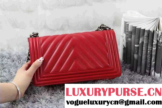 Chanel Calfskin Chevron Quilting Boy Flap Bag A92859 Red 2015