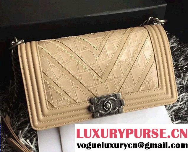 Chanel Croco Pattern V Boy Flap Shoulder Bag Apricot 2015