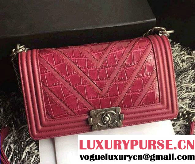 Chanel Croco Pattern V Boy Flap Shoulder Bag Date Red 2015