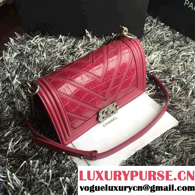 Chanel Croco Pattern V Boy Flap Shoulder Bag Date Red 2015