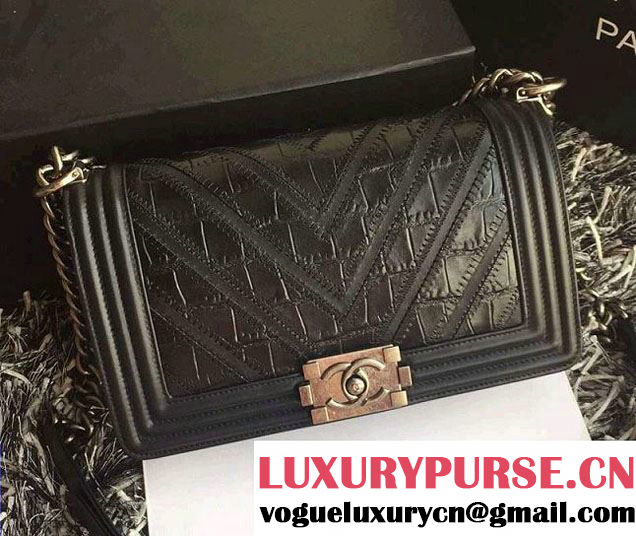 Chanel Croco Pattern V Boy Flap Shoulder Bag Black 2015