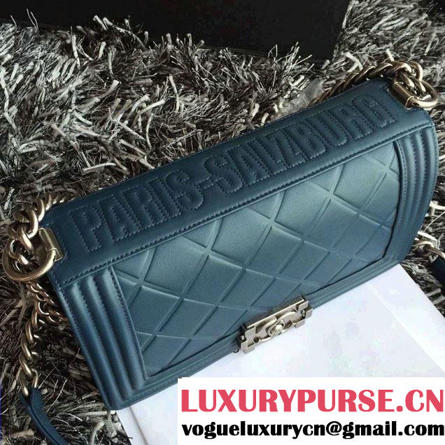 Chanel Embossed Paris-Salzburg Boy Flap Old Medium Bag Dark Green 2015