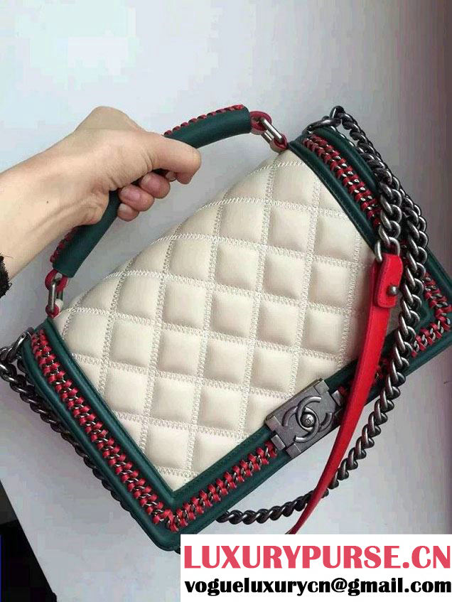 Chanel Embellished Calfskin Top Handle Boy Flap Bag A94804 White Runway 2015