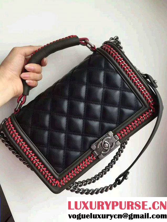 Chanel Embellished Calfskin Top Handle Boy Flap Bag A94804 Black Runway 2015