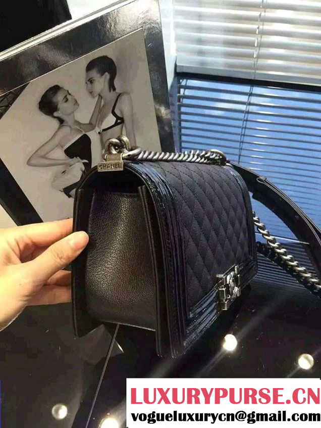Chanel Goatskin with Patent Trim Medium Boy Flap Bag Black 2015