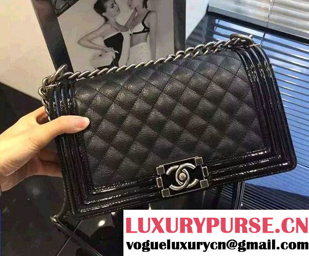 Chanel Goatskin with Patent Trim Medium Boy Flap Bag Black 2015