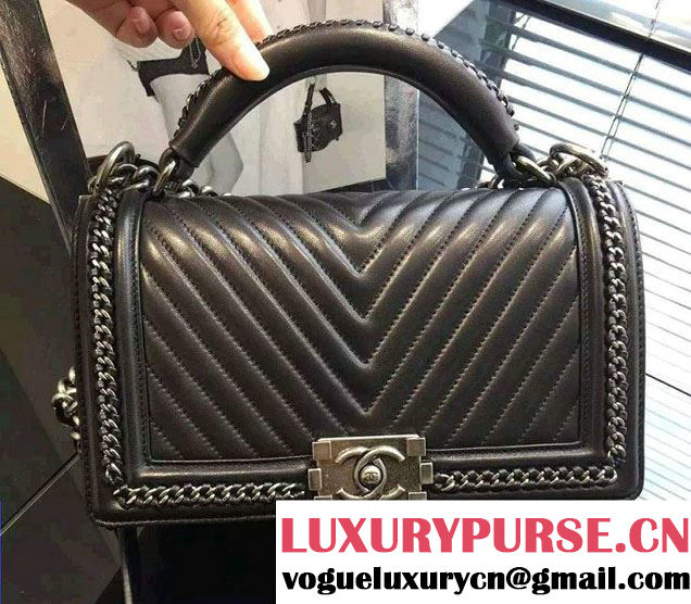 Chanel Chevron Chain Top Handle Boy Flap Bag Black 2015