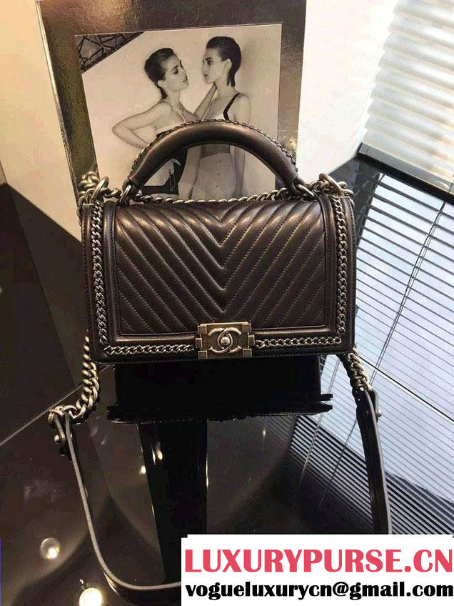 Chanel Chevron Chain Top Handle Boy Flap Bag Black 2015