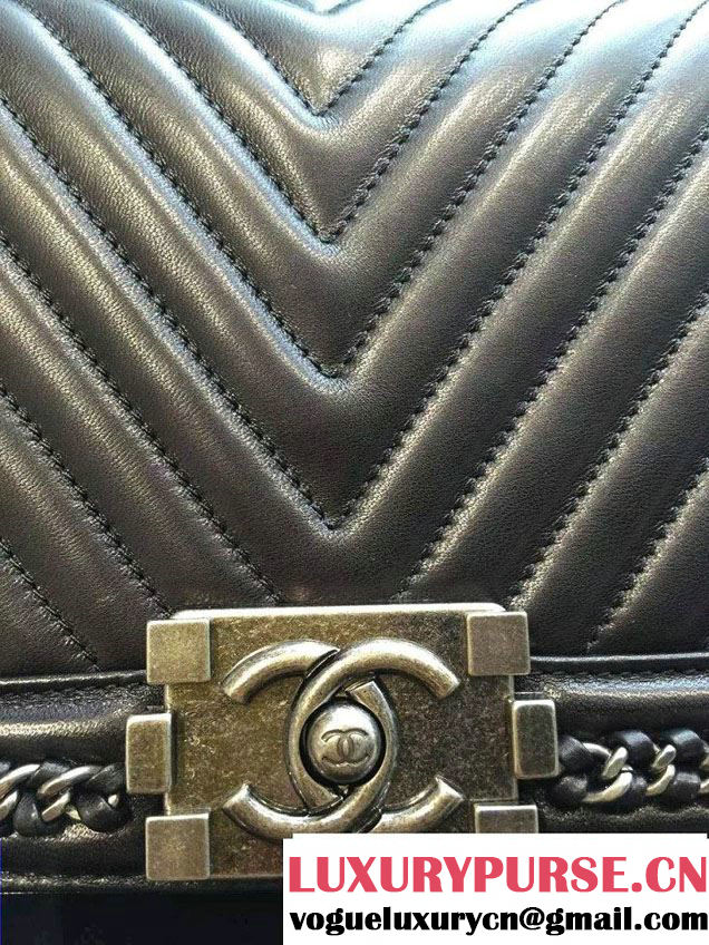 Chanel Chevron Chain Top Handle Boy Flap Bag Black 2015
