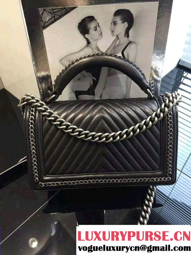 Chanel Chevron Chain Top Handle Boy Flap Bag Black 2015