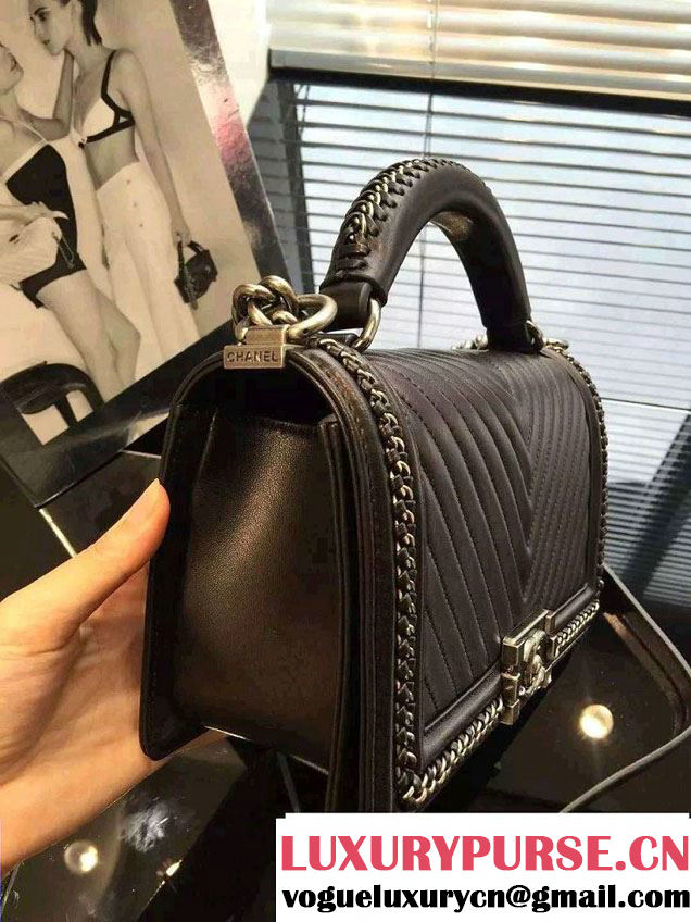 Chanel Chevron Chain Top Handle Boy Flap Bag Black 2015