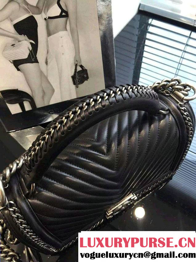 Chanel Chevron Chain Top Handle Boy Flap Bag Black 2015