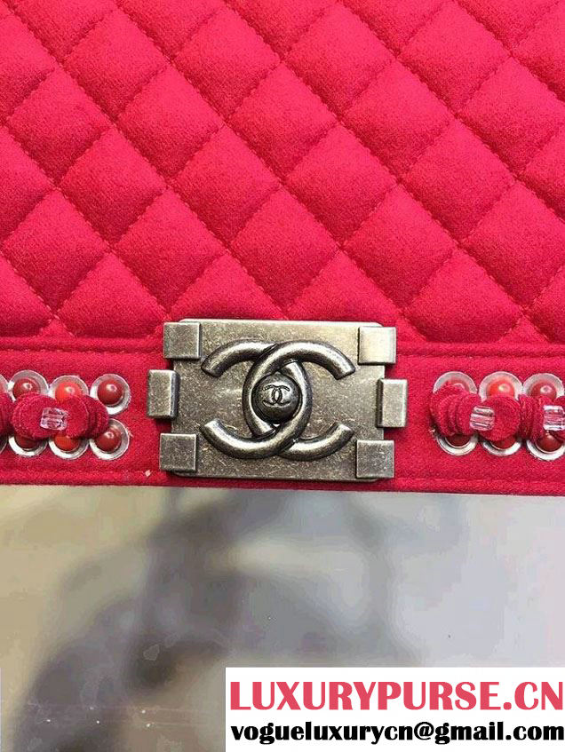 Chanel Felt with Embroideries Boy Flap Bag A67086 Red 2015