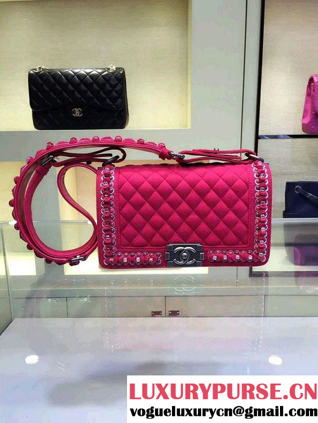 Chanel Felt with Embroideries Boy Flap Bag A67086 Red 2015